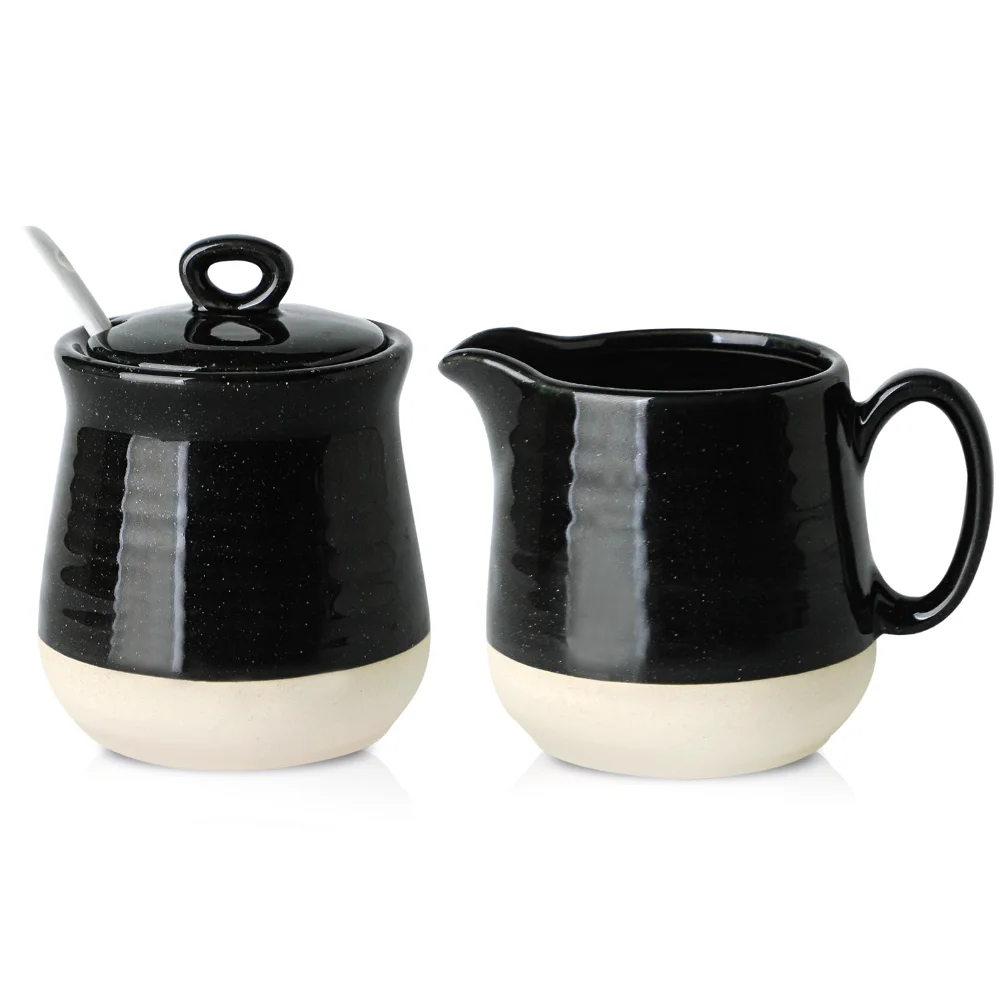 HASENSE Farmhouse Sugar & Creamer Set (Set of 3), 10 oz, Black