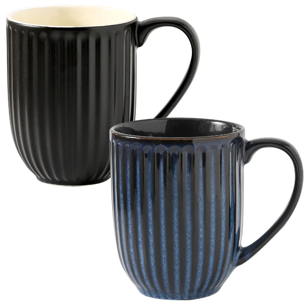HASENSE Ribbed Coffee Mugs (Set of 2), 20 oz, Black