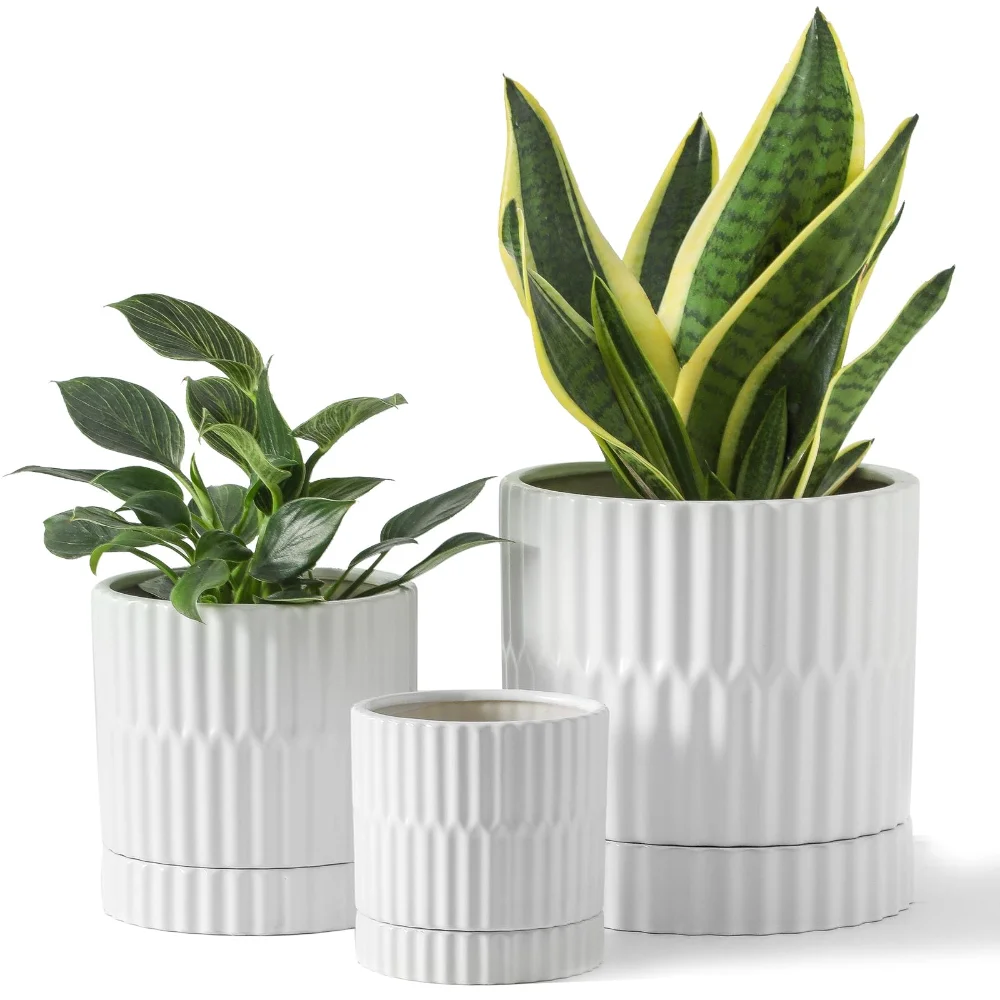 HASENSE Ribbed Plant Pot (Set of 3), 4.6 in, White