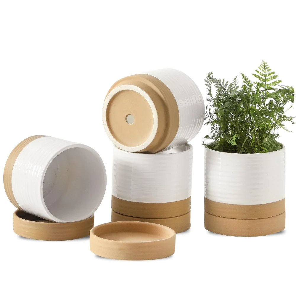 HASENSE Two-Tone Plant Pot (Set of 4), 4.6 in, White-Brown