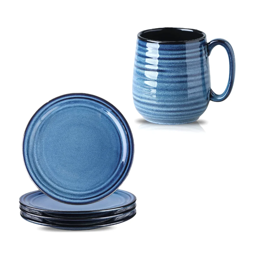 HASENSE Mug & Plate Bundle (Set of 4), 20 oz, Blue