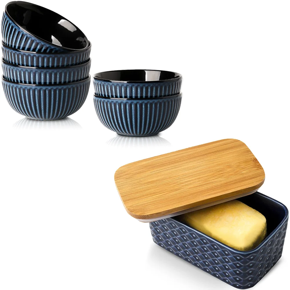 HASENSE Butter Dish & Bowl Bundle (Set of 6), 6 in, Navy Blue