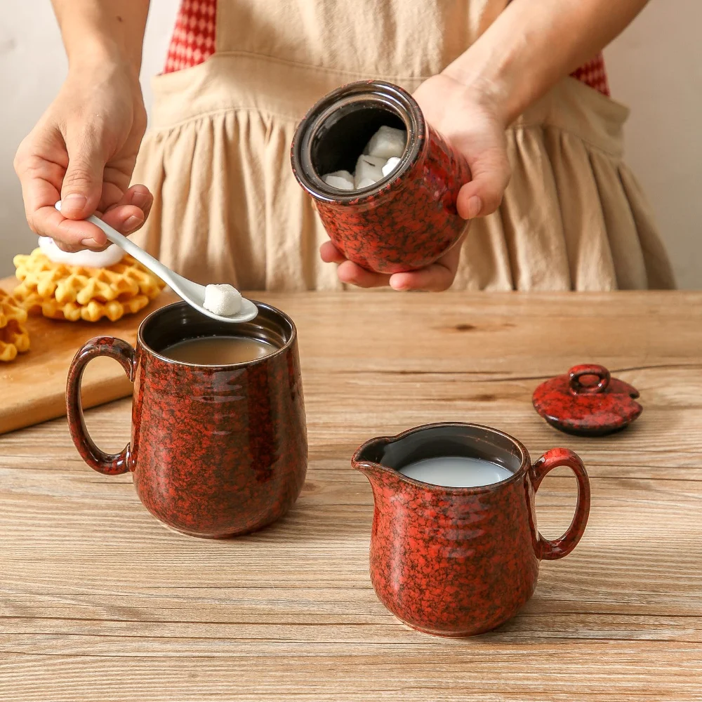HASENSE Mug & Sugar Set Bundle (Set of 6), 10 oz, Red
