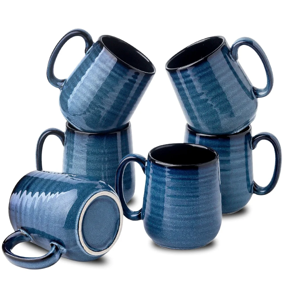 HASENSE Reactive Glaze Coffee Mugs (Set of 6), 15 oz, Blue