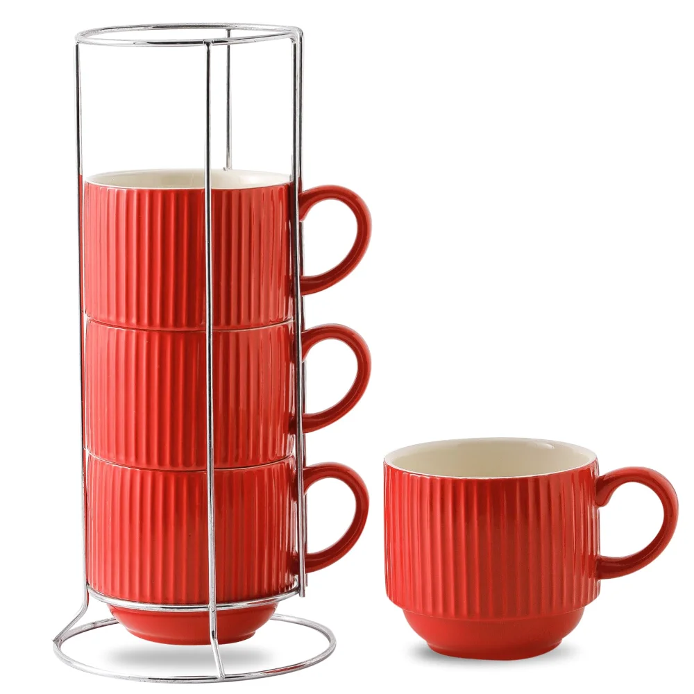 HASENSE Ribbed Coffee Mugs (Set of 4), 15 oz, Red
