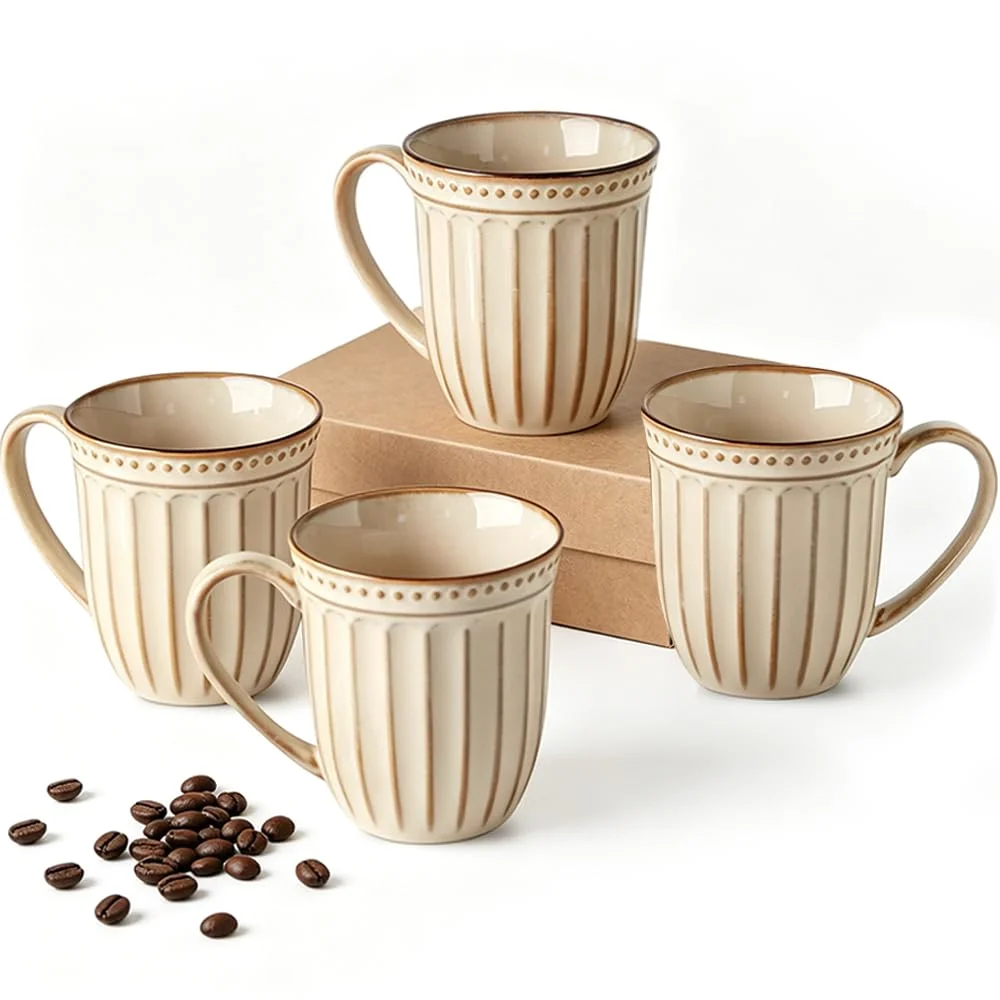 HASENSE Ribbed Coffee Mugs (Set of 4), 16 oz, Beige