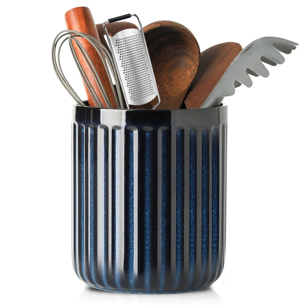 HASENSE Ribbed Utensil Crock, 7.3 in, Navy Blue