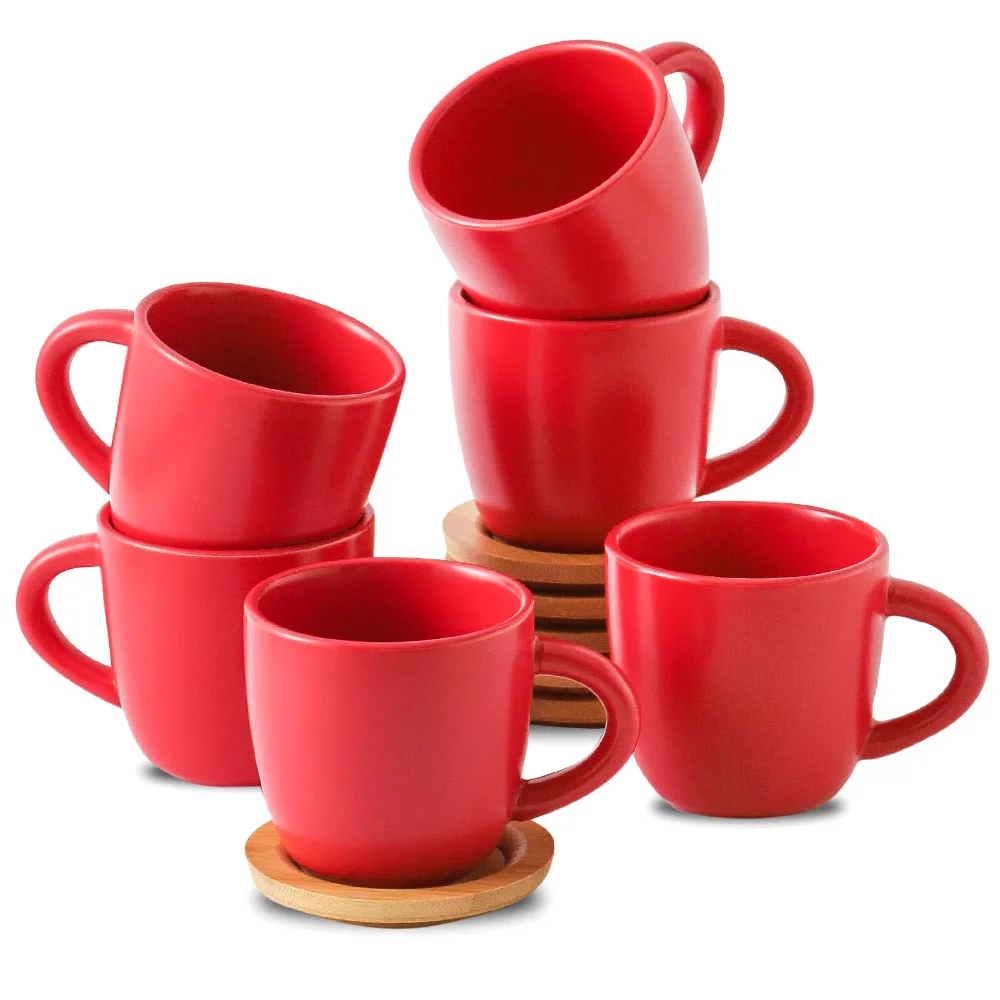 HASENSE Stackable Espresso Cups & Saucers, 6 oz, Red
