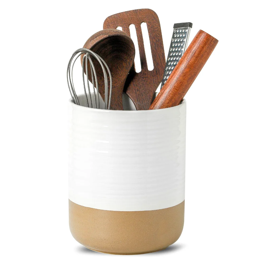 HASENSE Farmhouse Utensil Crock, 7.4 in, White