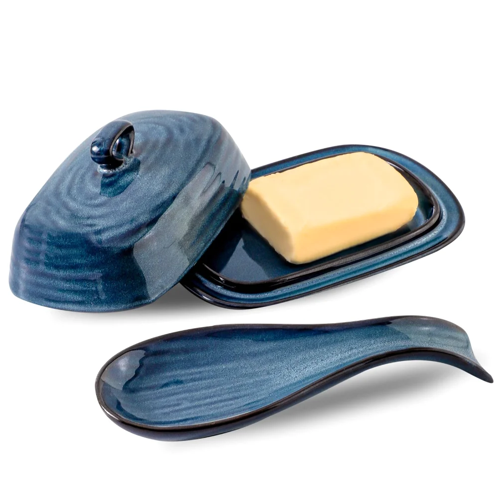HASENSE Reactive Glaze Butter Dish & Spoon Rest Bundle (Set of 2), 8.7 in, Navy