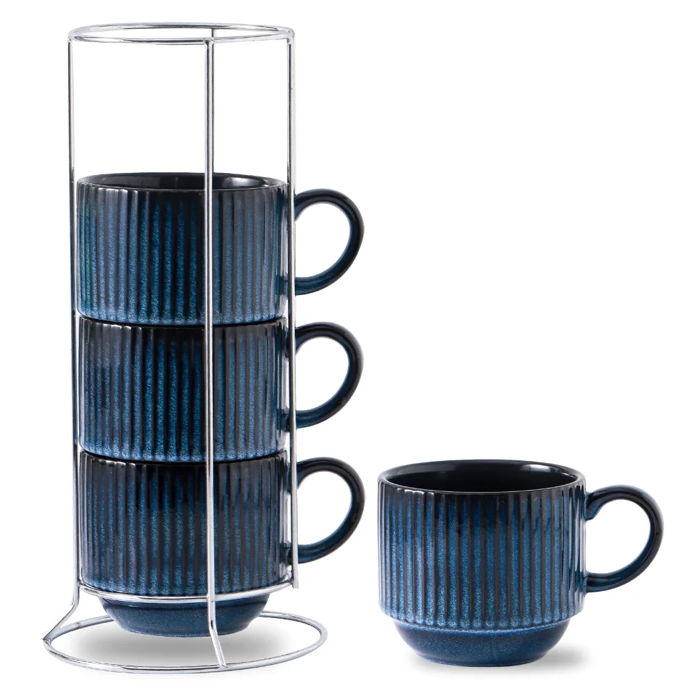 HASENSE Ribbed Stackable Mugs (Set of 4), 15 oz, Navy