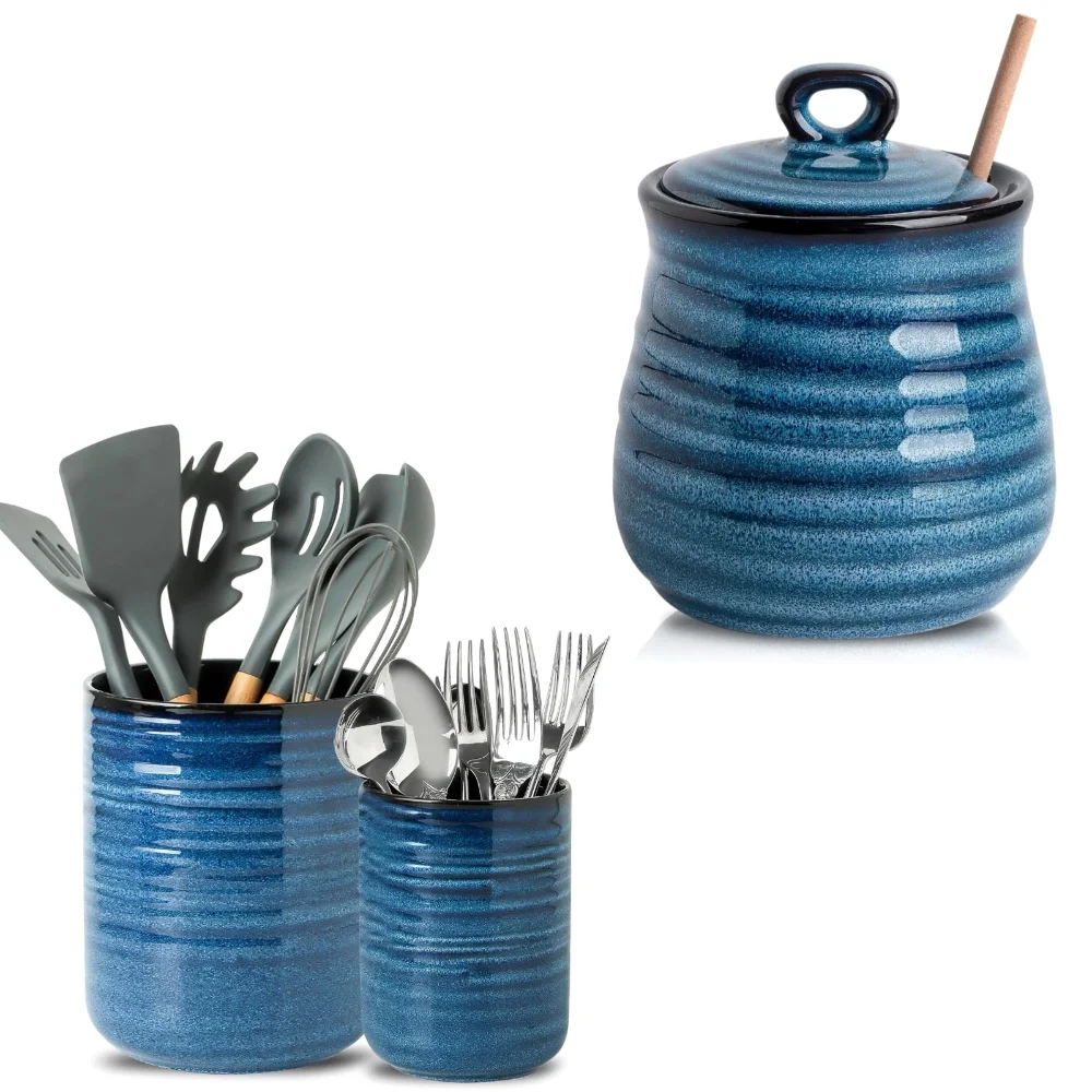 HASENSE Utensil Crock & Storage Jar Bundle, Blue