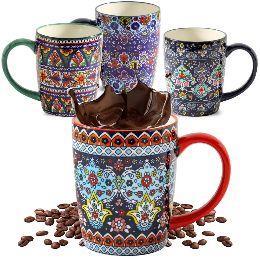HASENSE Boho Coffee Mugs (Set of 4), 15 oz, Multicolor