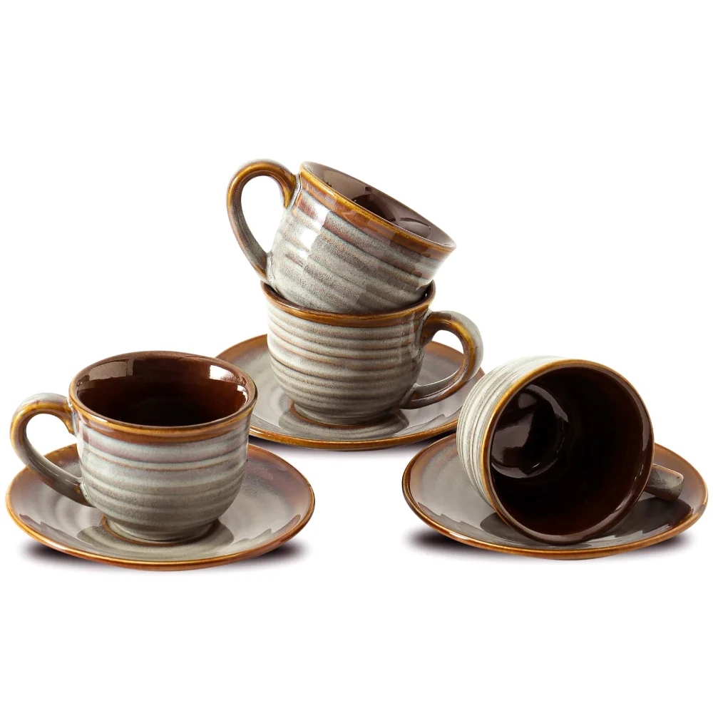 HASENSE Espresso Cups & Saucers (Set of 4), 4 oz, Tea-Grey Brown
