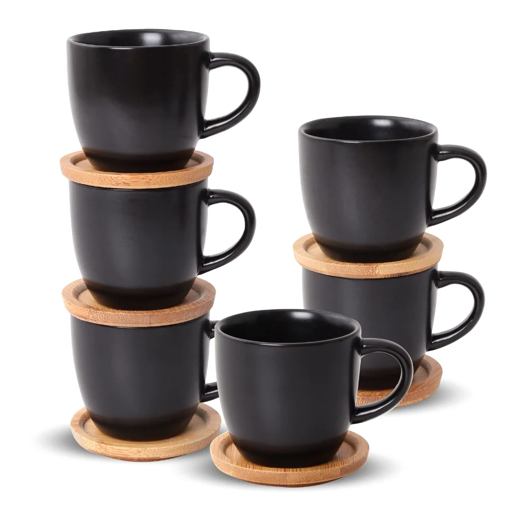 HASENSE Espresso Cups & Saucers (Set of 6), 4 oz, Black