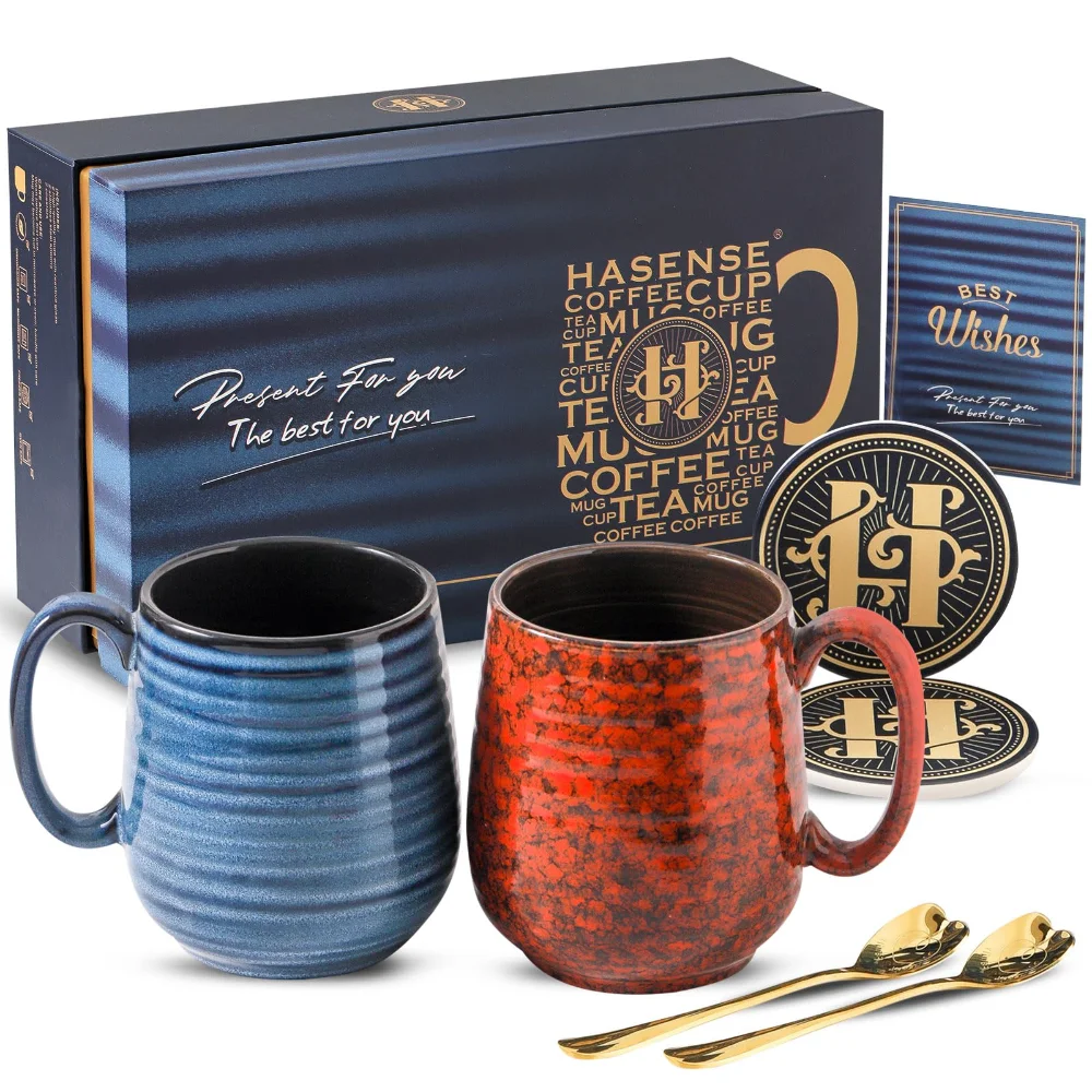 HASENSE Holiday Coffee Mugs (Set of 2), 20 oz, Blue & Red