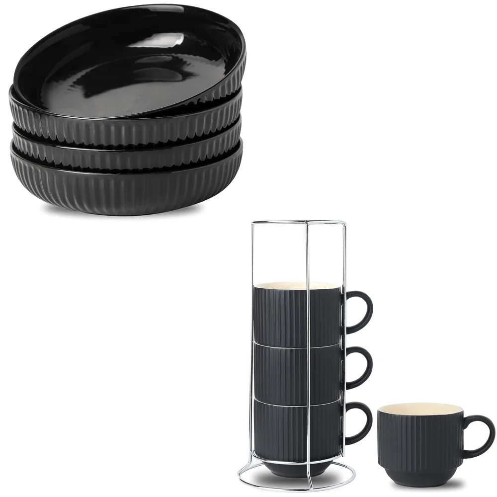 HASENSE Mug & Bowl Bundle (Set of 4), 15 oz, Black