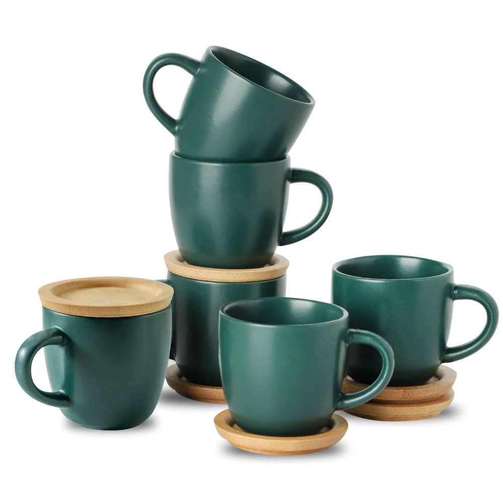 HASENSE Stackable Espresso Cups & Saucers (Set of 6), 4 oz, Green