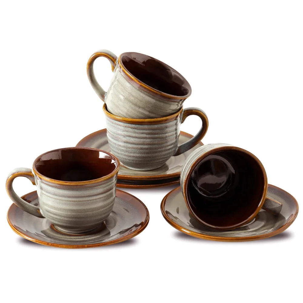 HASENSE Tea Cups & Saucers (Set of 4), 8 oz, Grey