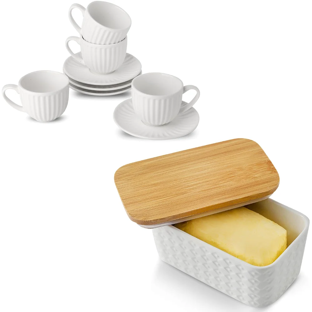 HASENSE Butter Dish & Espresso Cup Bundle (Set of 4), 6 oz, White