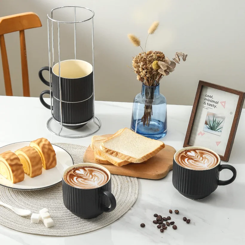 HASENSE Mug & Espresso Cup Bundle (Set of 4), 15 oz, Black