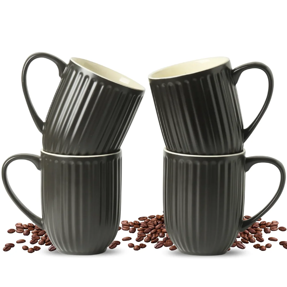 HASENSE Ribbed Coffee Mugs (Set of 4), 16 oz, Black