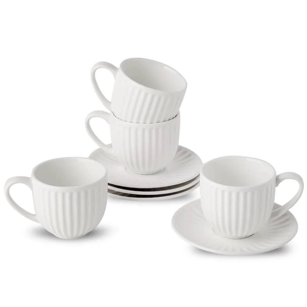 HASENSE Ribbed Espresso Cup & Mug Bundle (Set of 4), 8 oz, White