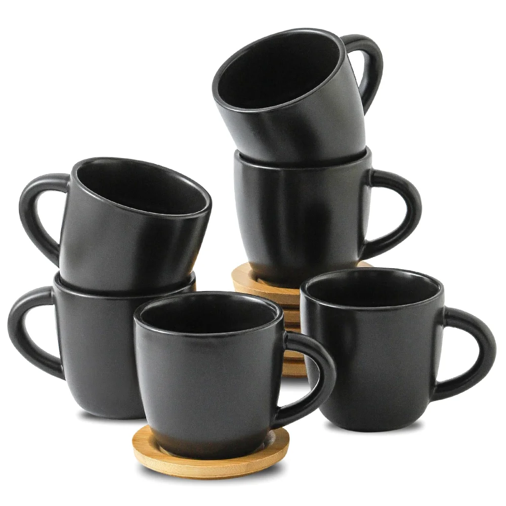 HASENSE Stackable Cappuccino Cups & Saucers (Set of 6), 6 oz, Black