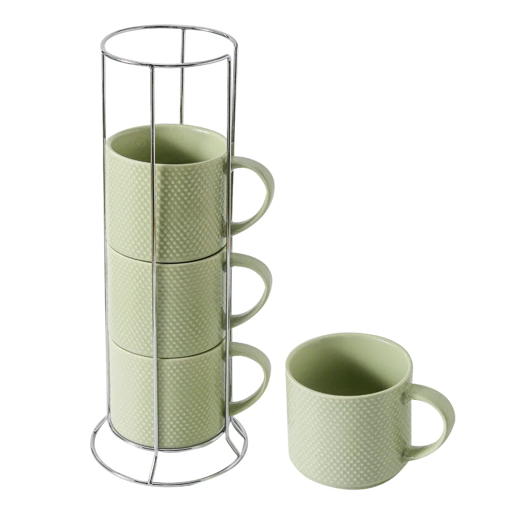 HASENSE Stackable Mug Set with Stand (Set of 4), 15 oz, Green