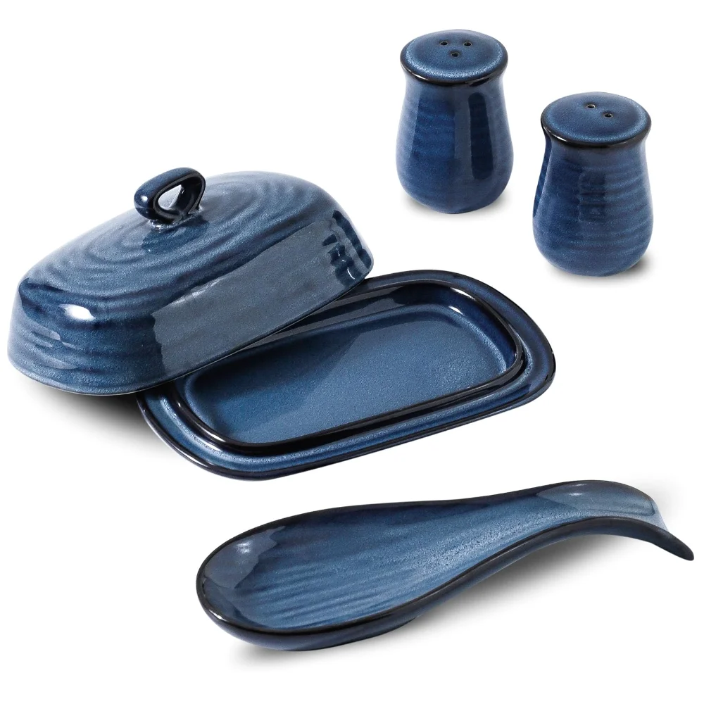 HASENSE Butter Dish & Spoon Rest Bundle, 4 in, Blue