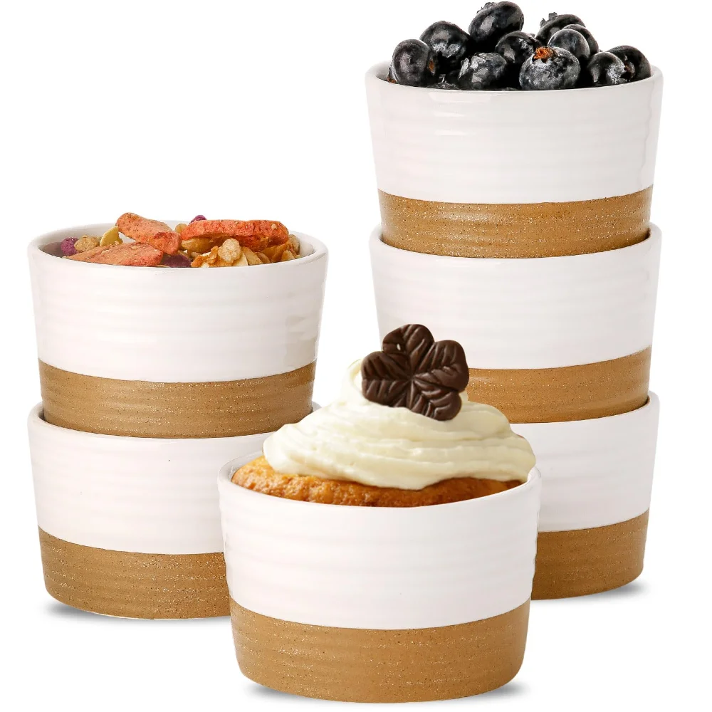 HASENSE Farmhouse Ramekins (Set of 6), 8 oz, White