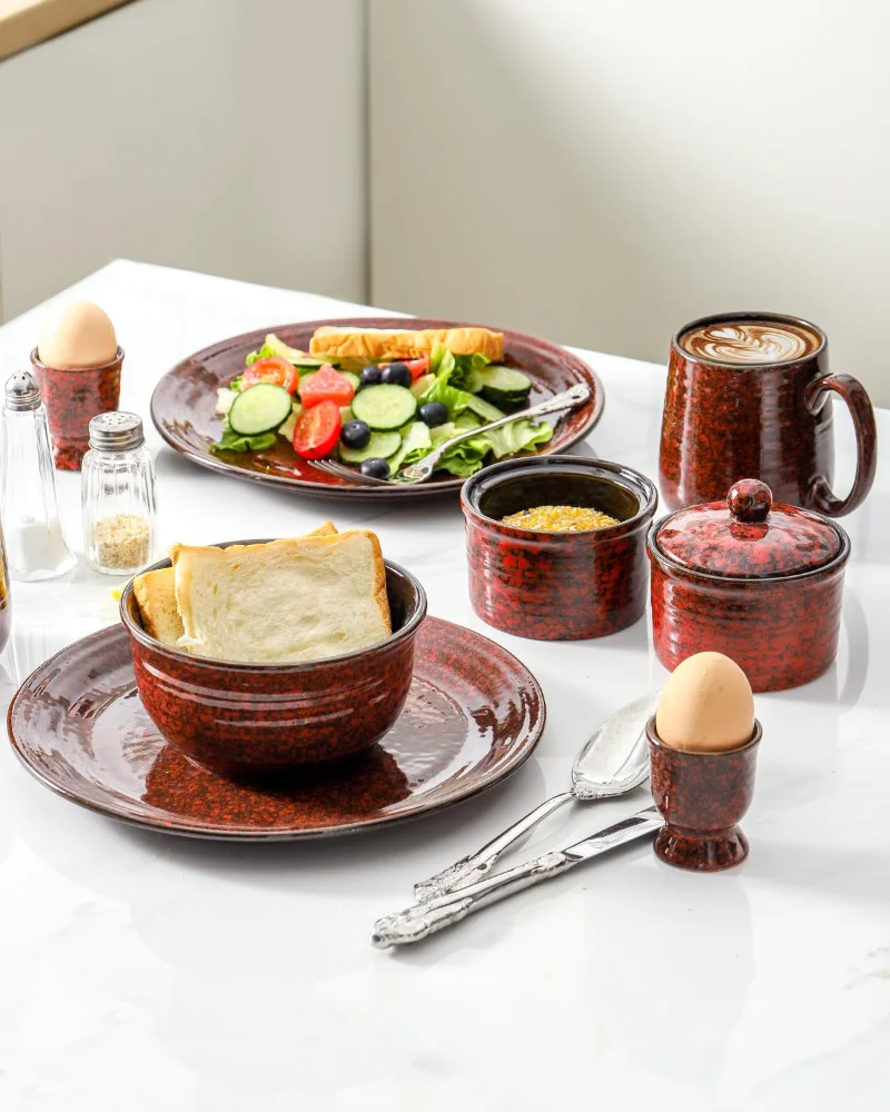 HASENSE Plate & Mug Bundle (Set of 8), 15 oz, Red