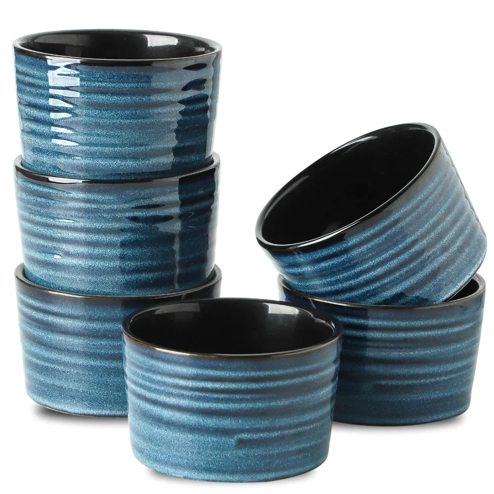 HASENSE Reactive Glaze Ramekins (Set of 6), 8 oz, Blue