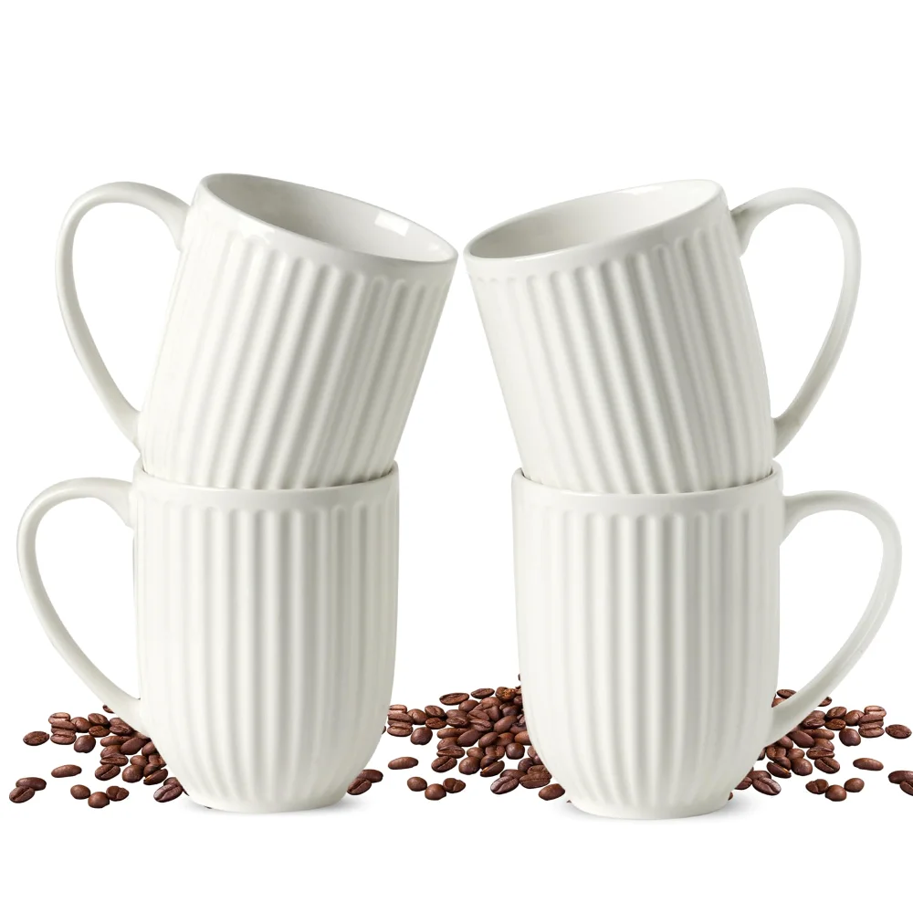 HASENSE Ribbed Coffee Mugs (Set of 4), 16 oz, White