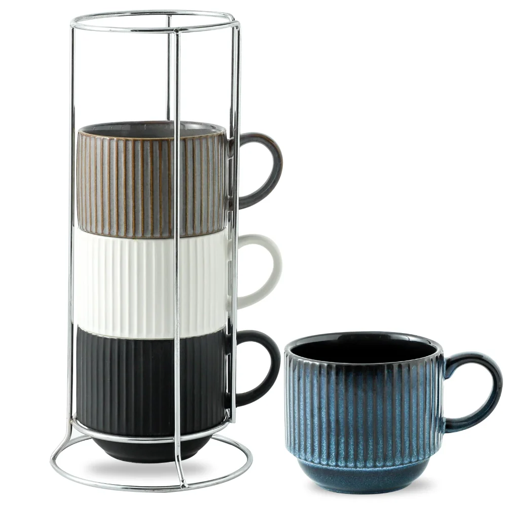 HASENSE Ribbed Mug Set with Stand (Set of 4), 15 oz