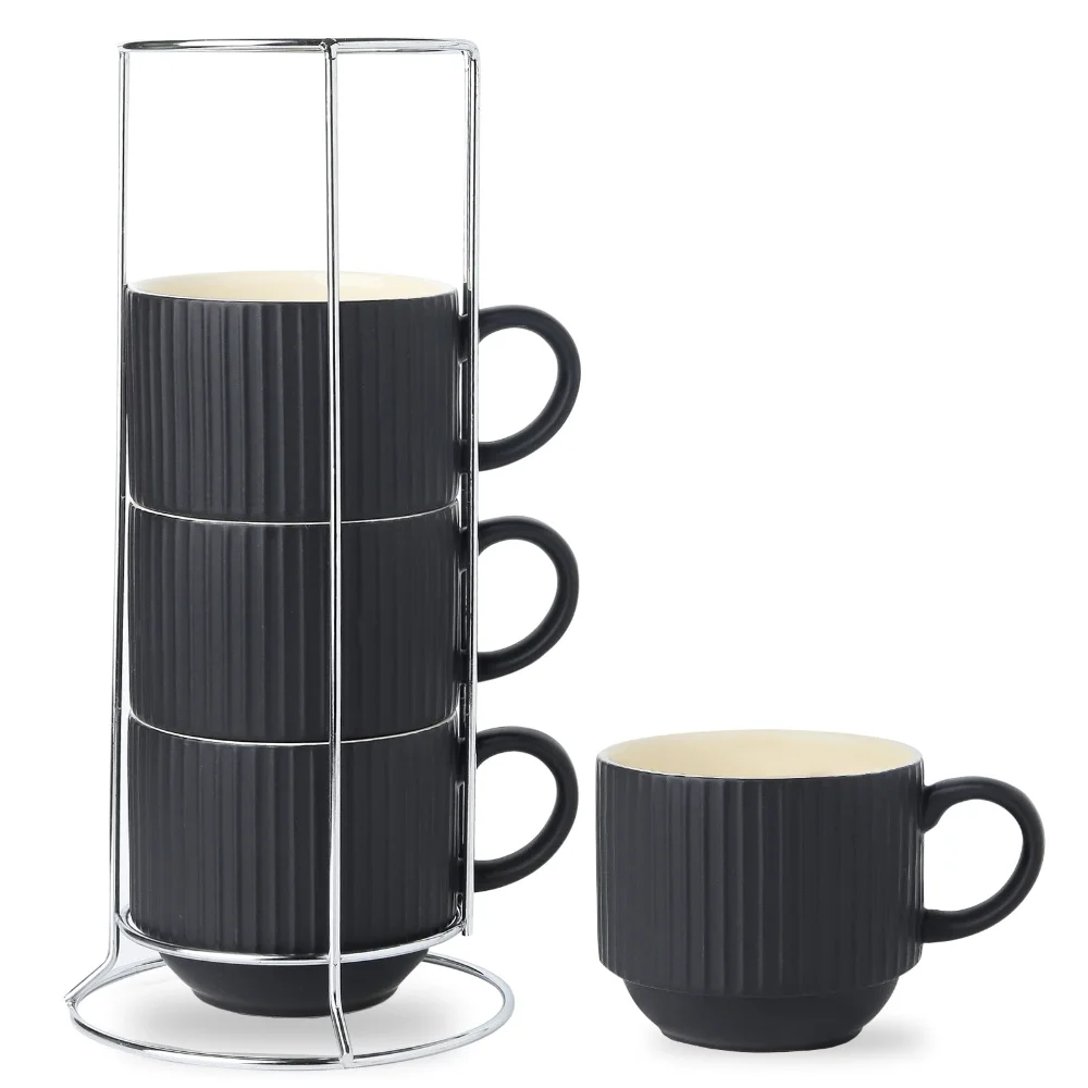 HASENSE Stackable Mug Set with Stand (Set of 4), Matte Black
