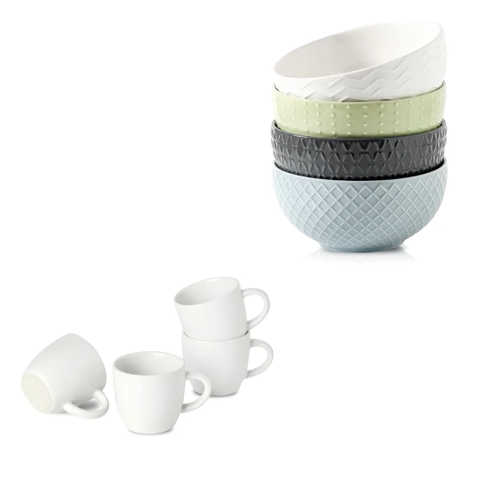 HASENSE Bowl & Espresso Cup Bundle (Set of 4), 26 oz, White