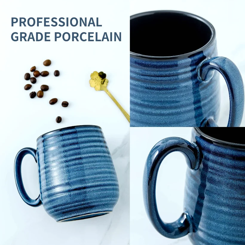 HASENSE Coffee Mugs (Set of 2), 20 oz, Blue & Grey