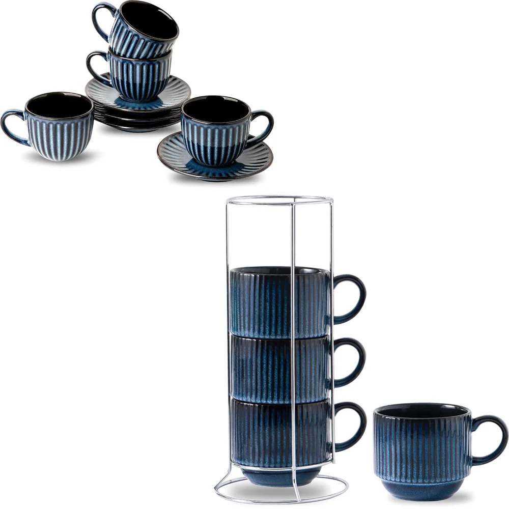 HASENSE Mug & Espresso Cup Bundle (Set of 4), 15 oz, Navy Blue
