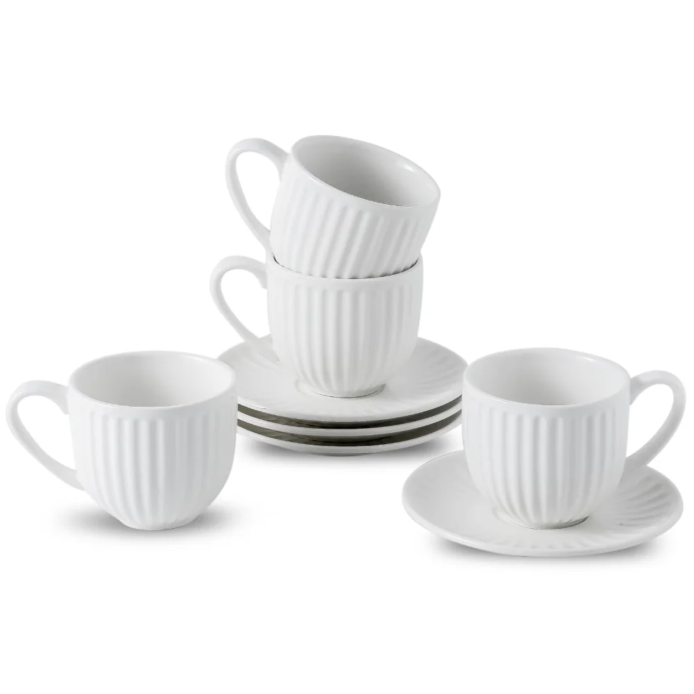 HASENSE Ribbed Cappuccino Cups & Saucers (Set of 4), 6 oz, White