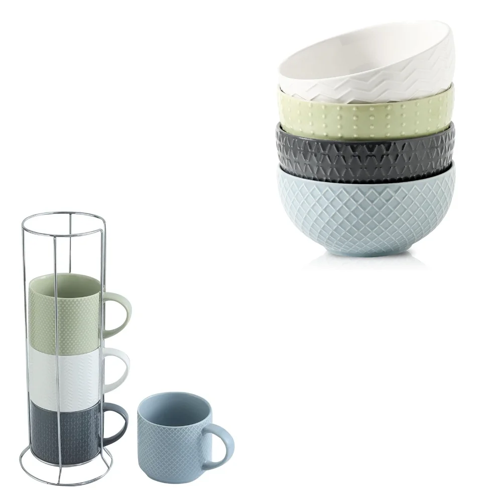 HASENSE Stackable Bowl & Mug Bundle (Set of 4), 26 oz, Green