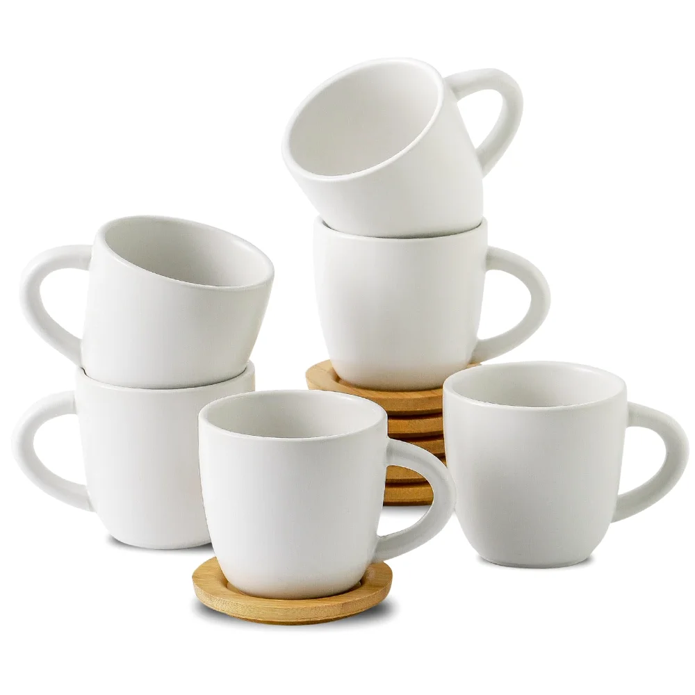 HASENSE Stackable Cappuccino Cups & Saucers, 6 oz, White
